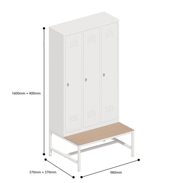 dimensions of economic locker single tier 3 door with seat bench