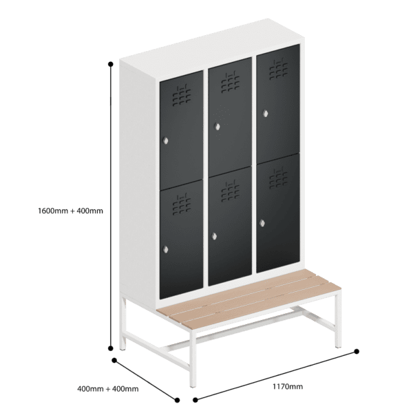 dimensions of locker double tier 6 door with seat bench