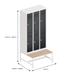 dimensions of space saving slim locker double tier 6 door with seat bench