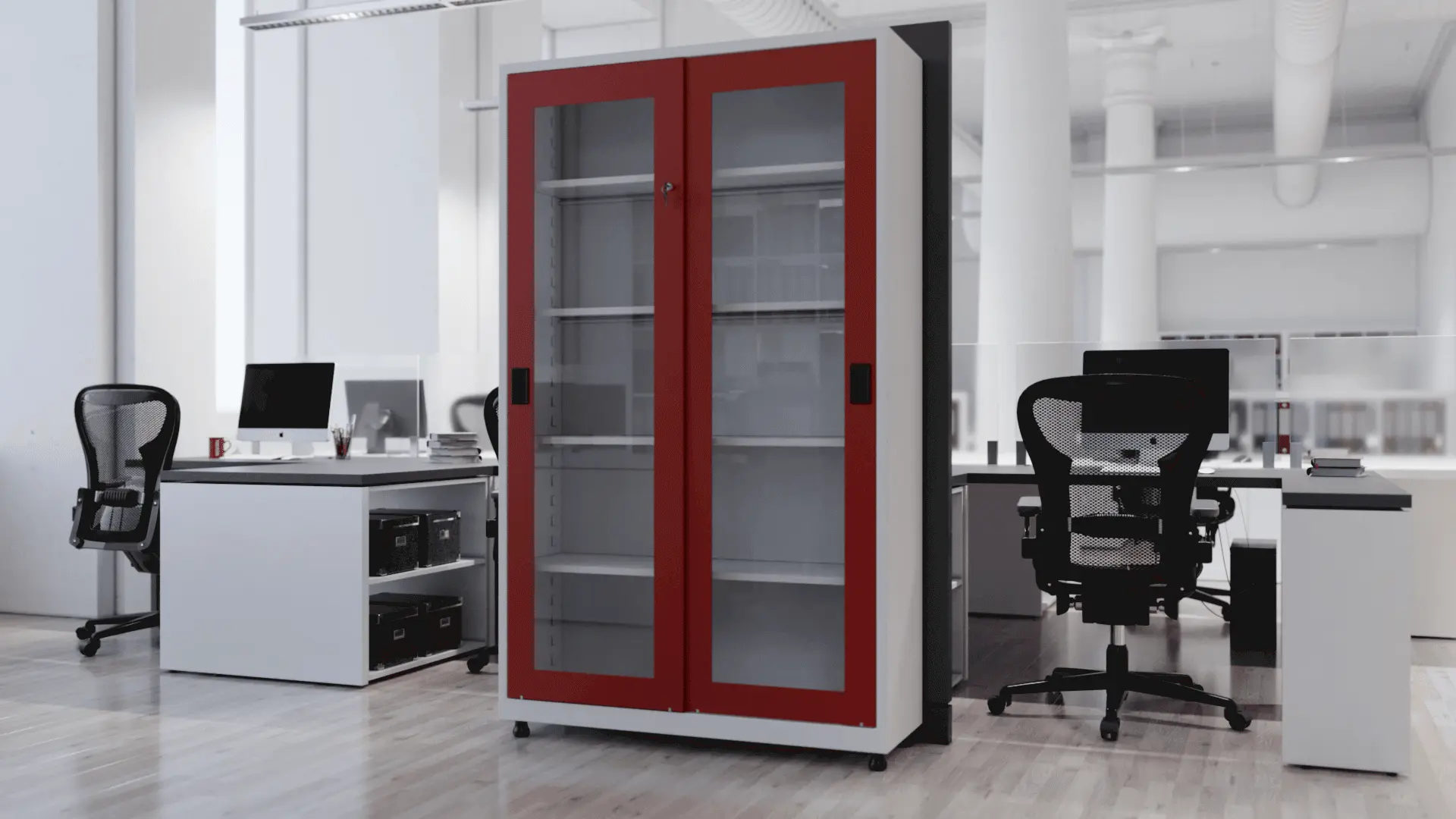 view of clear view sliding door office file storage cupboard full height