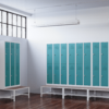 view of space saving slim locker double tier 6 door with seat bench