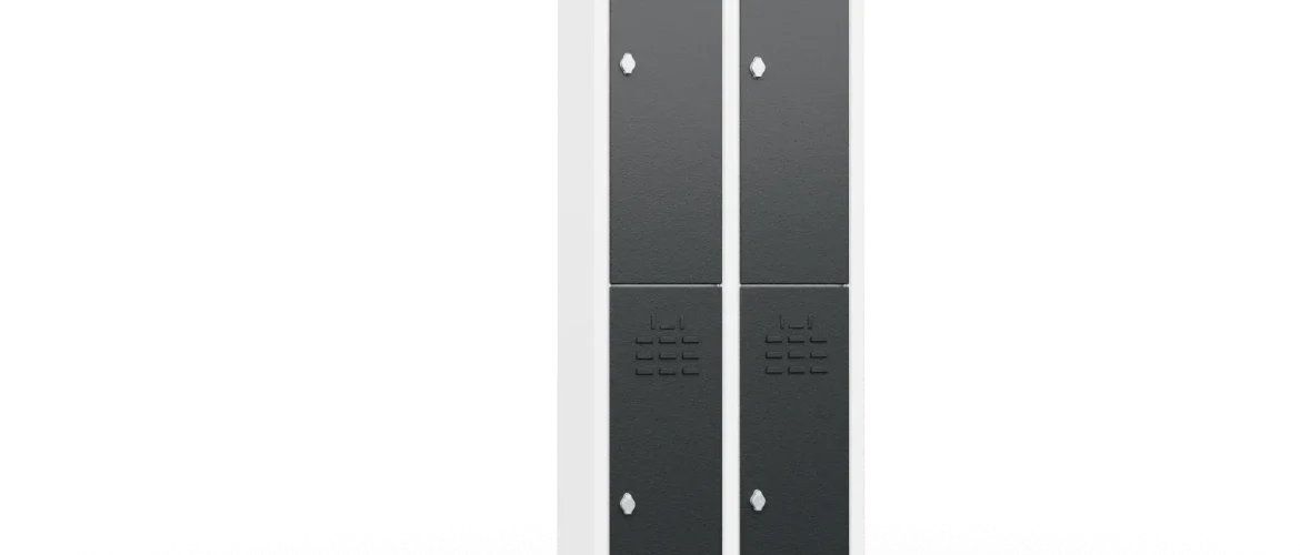 двоен метален шкаф front view of sloping top for slim double locker