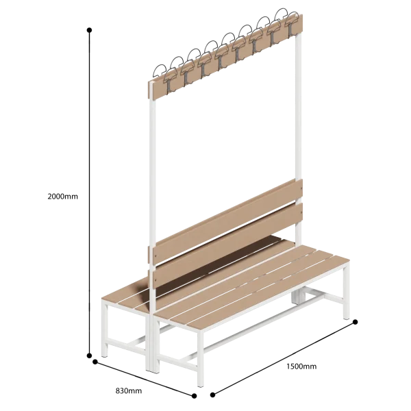 dimensions of double side locker room bench with clothes hanger 1500mm long
