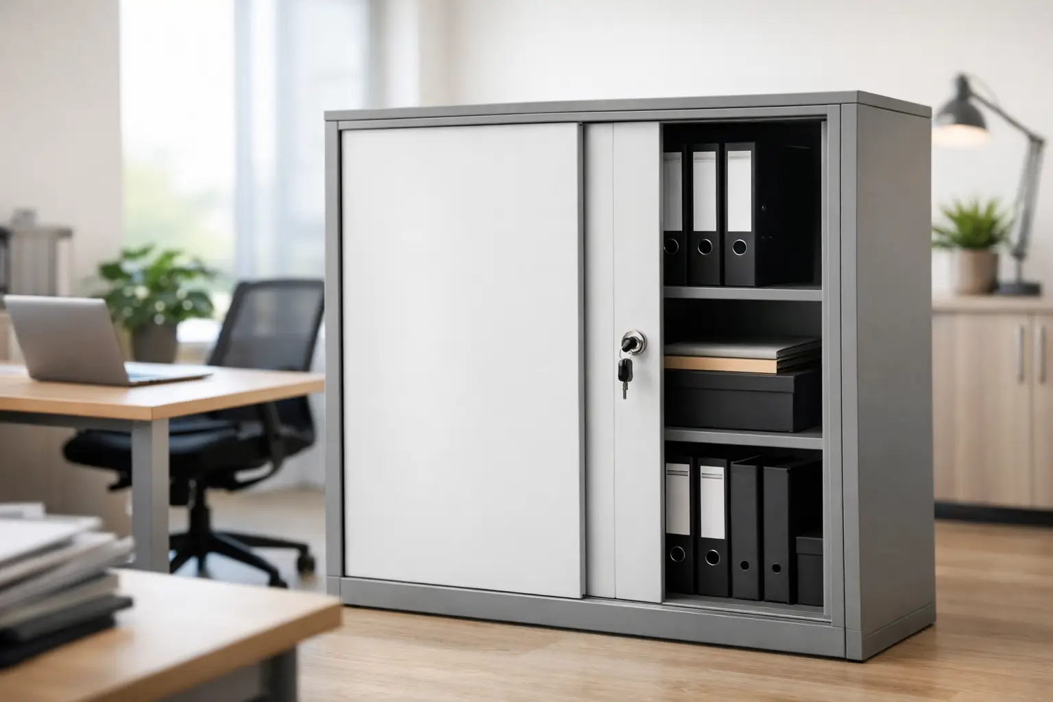 Lockable Office Cupboard with Sliding Doors