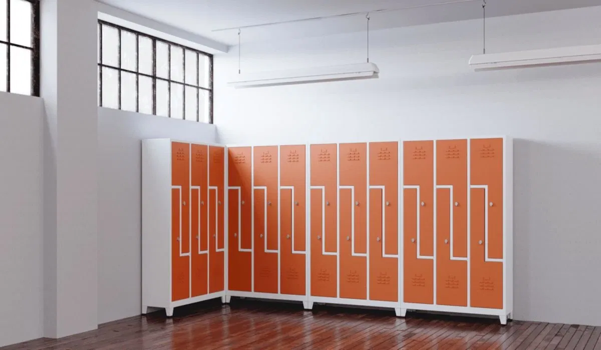 Employee locker rooms with modular metal lockers
