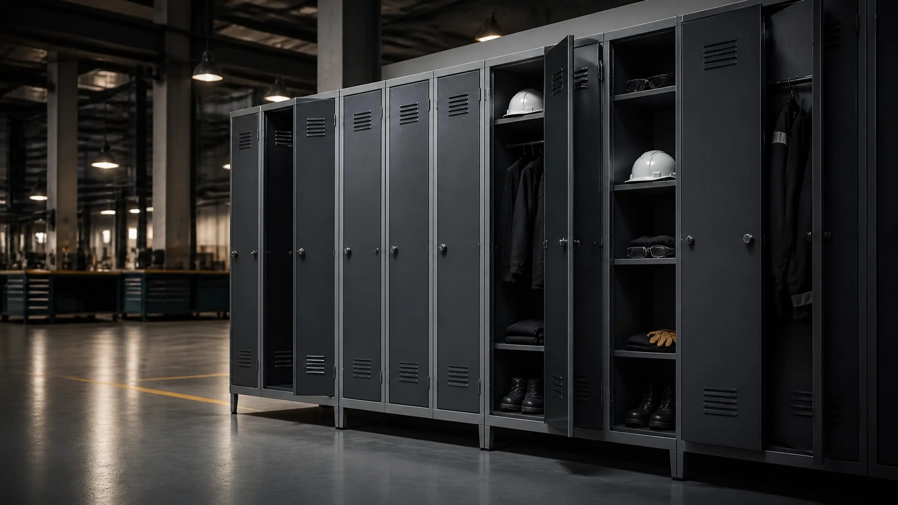 PPE lockers in an industrial changing room with clean and dirty storage sections