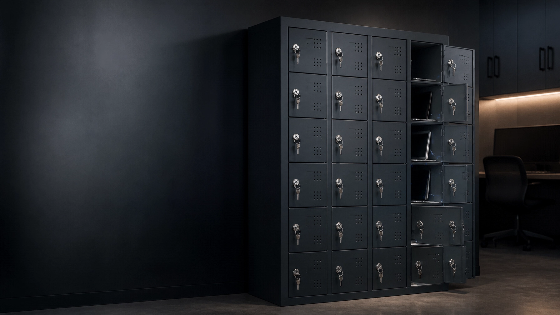 Metal charging lockers for laptops and devices in a school or office