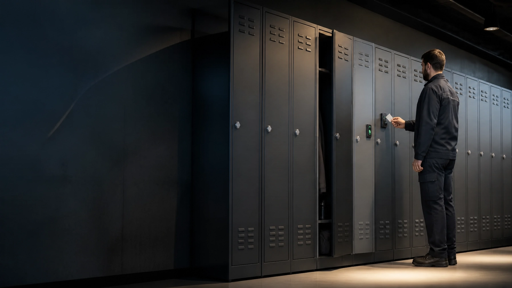 Smart lockers for employee locker rooms alongside durable traditional metal lockers
