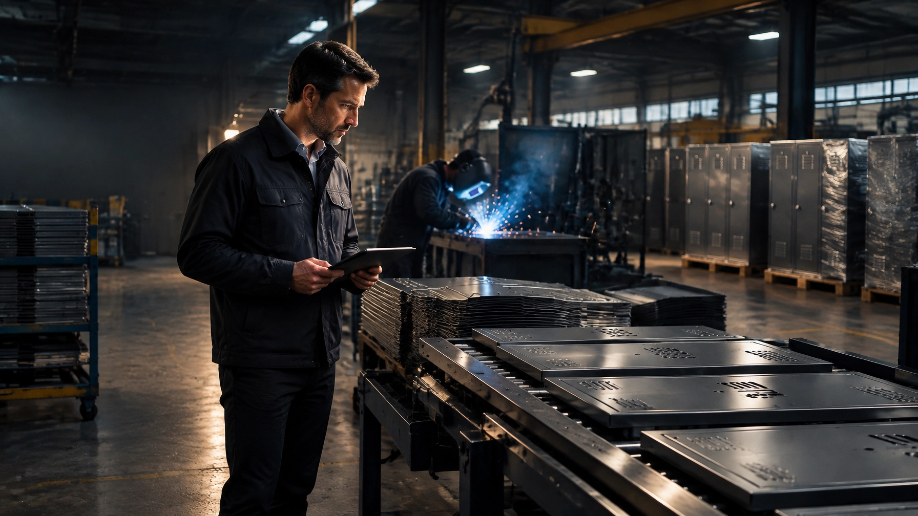 A procurement manager checks a locker manufacturer’s production line before approving a workplace storage order
