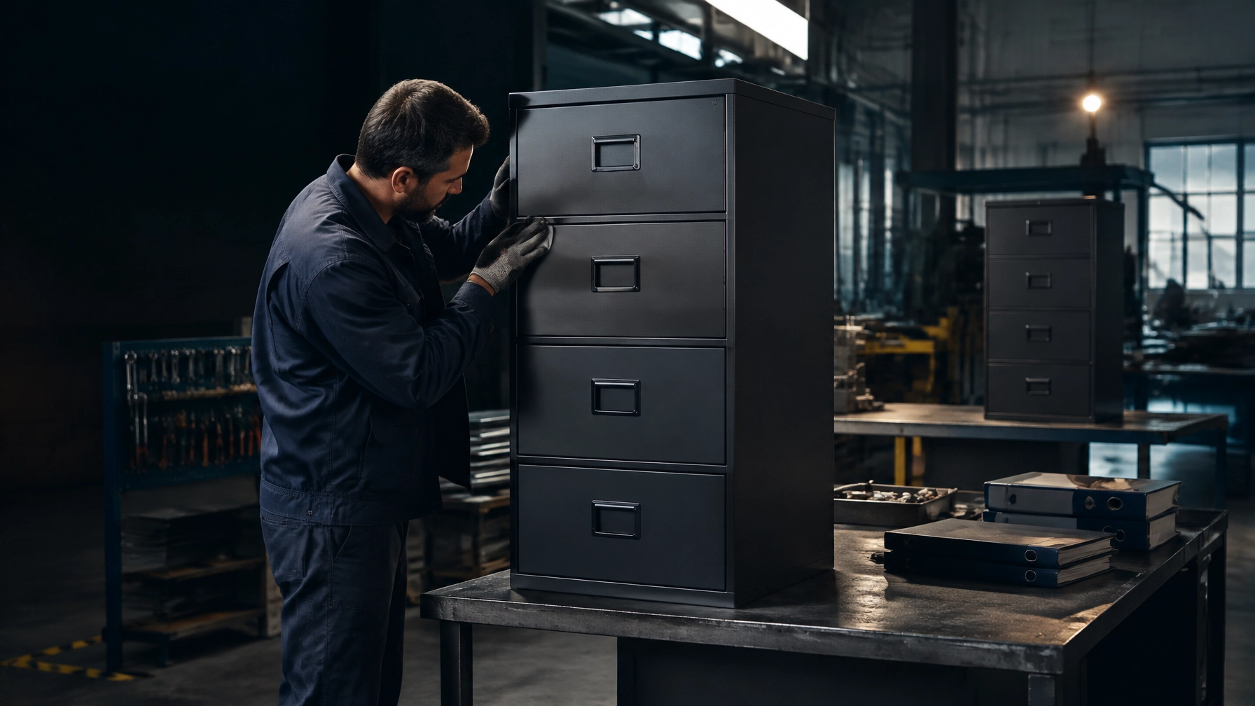 A Loxmet technician checks drawer alignment and the key lock on a lockable filing cabinet during factory quality control for secure office document storage