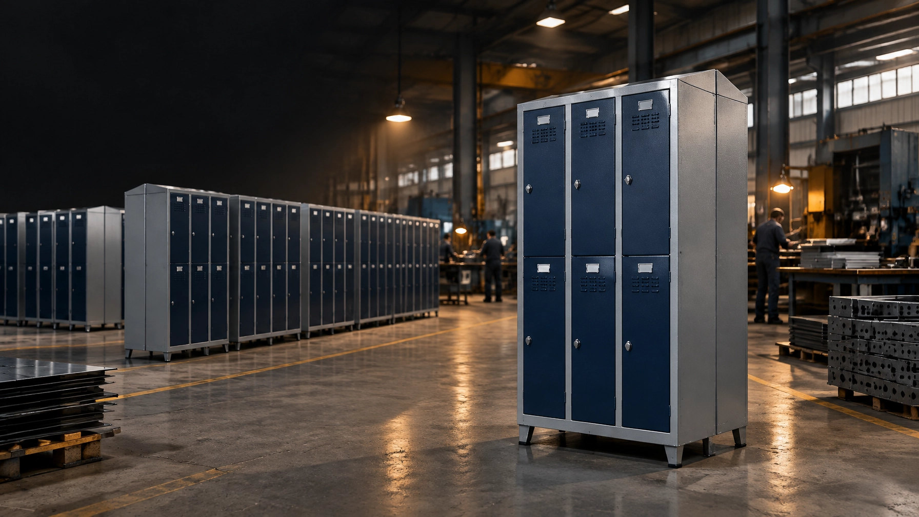 MOQ metal lockers: a small pilot batch staged beside a larger production run inside an Istanbul metal furniture factory