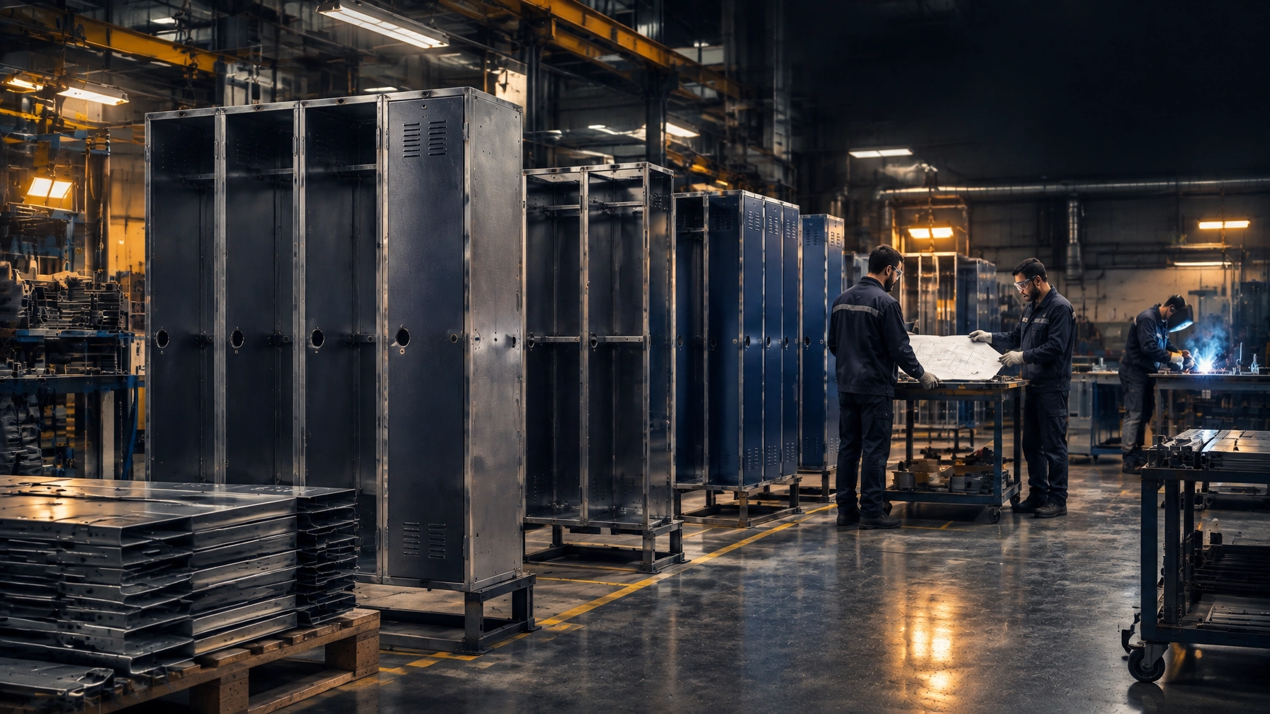 Lead time for custom lockers: steel locker frames moving through production at an Istanbul factory