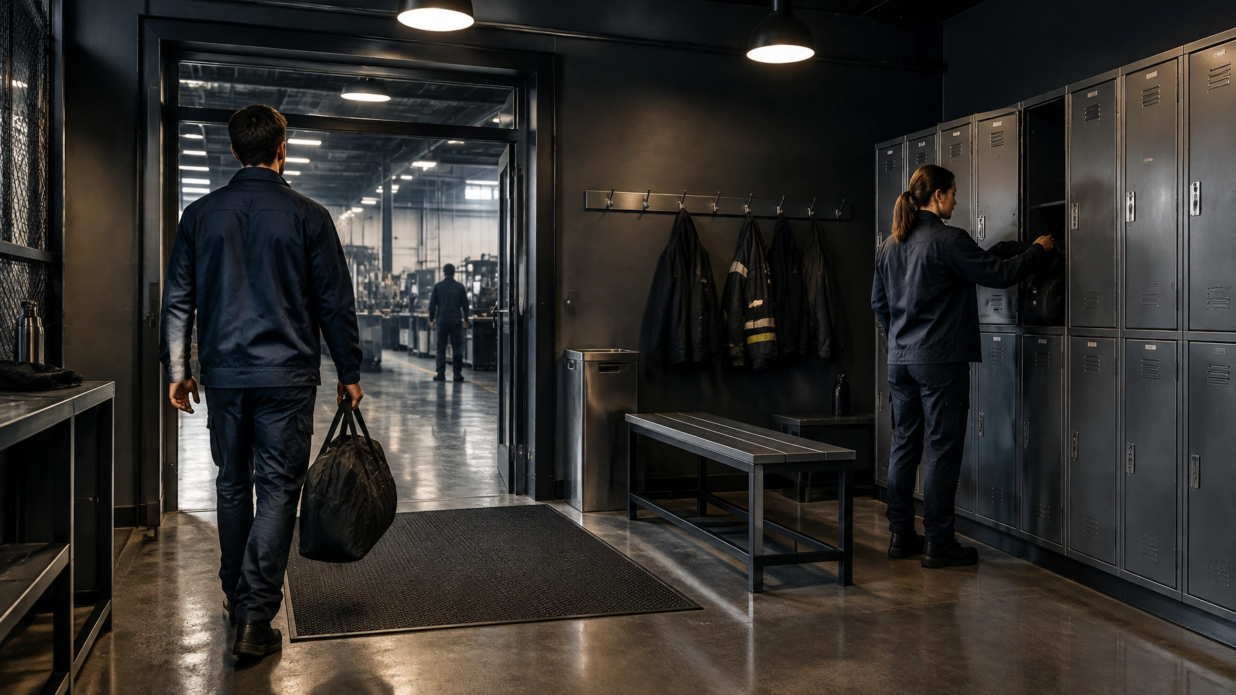 Lockers for workers in a factory changing area as employees prepare for shift change