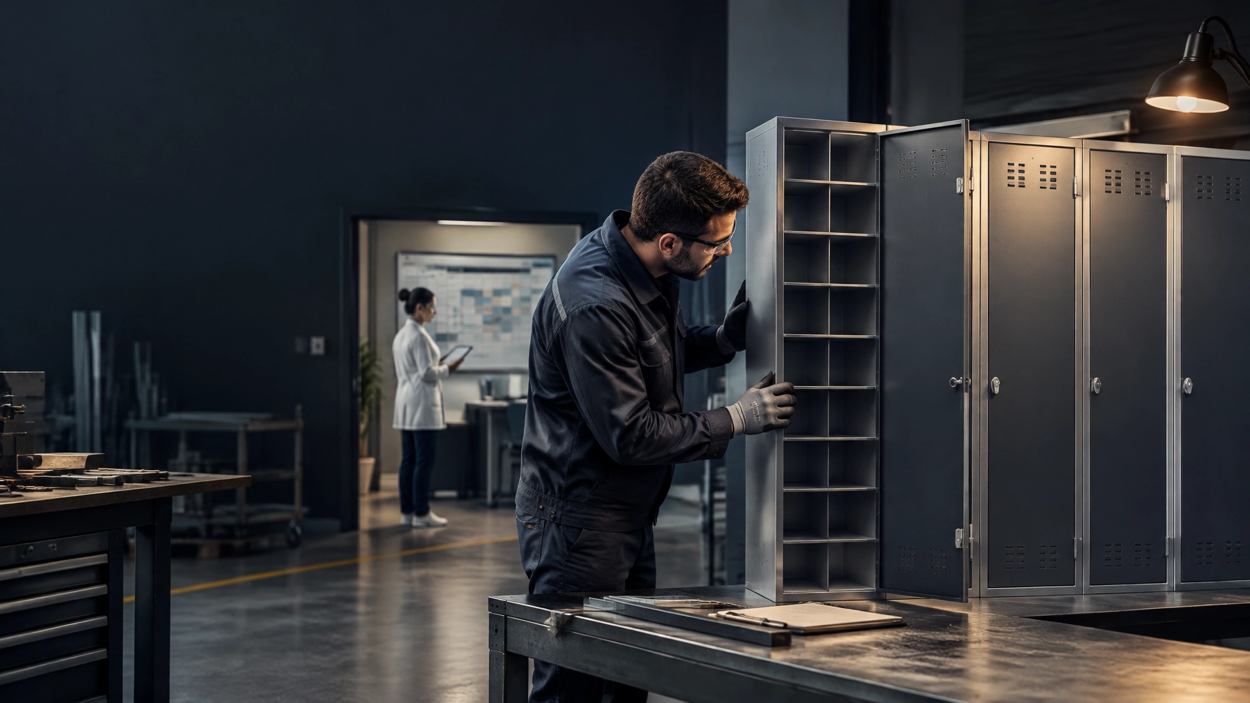 A technician inspects a shared-device storage unit during production, checking compartment fit before tablet lockers are packed for a healthcare project