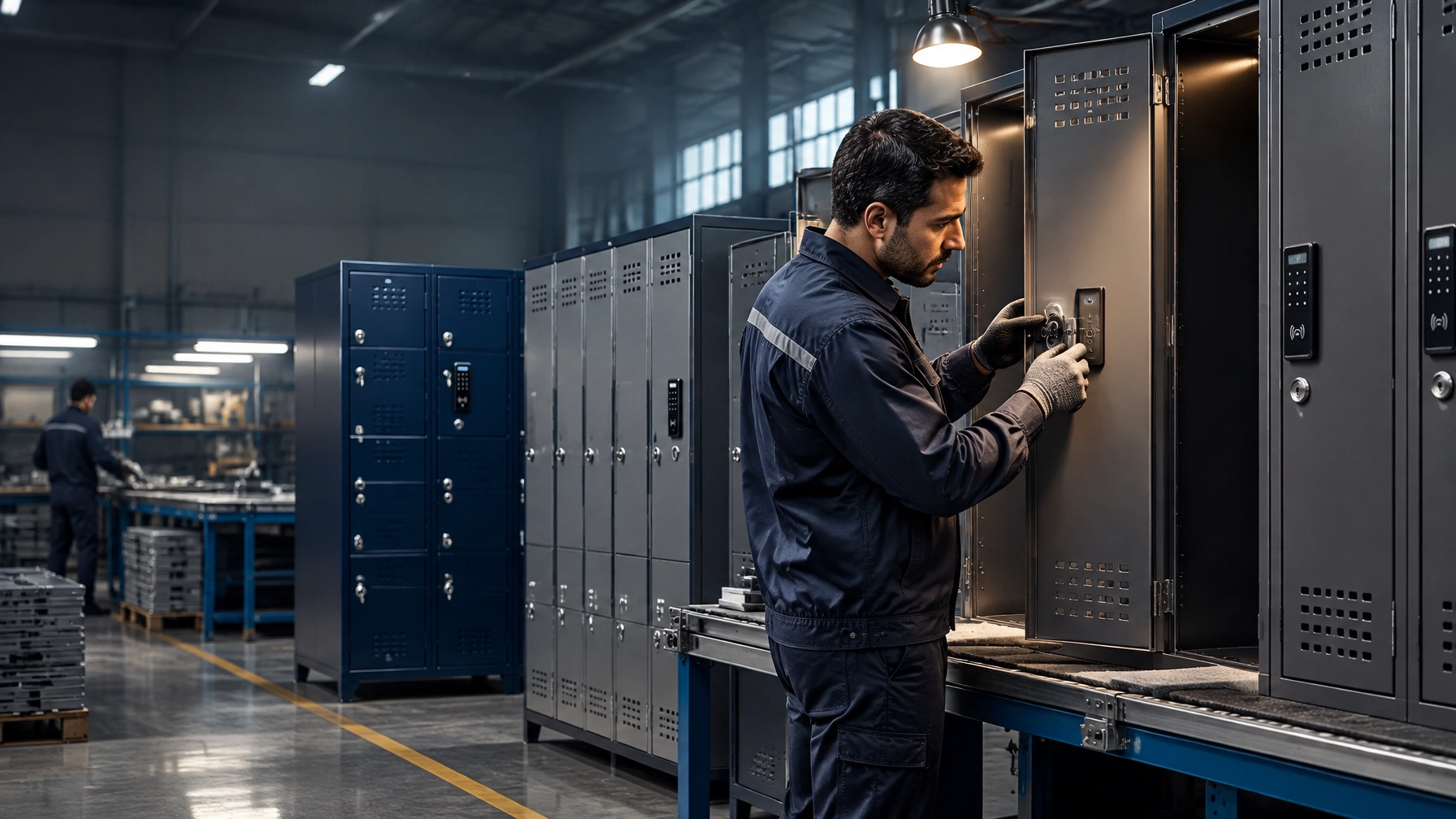 A technician compares locker lock types on a metal locker production line before staff units are installed at a managed workplace