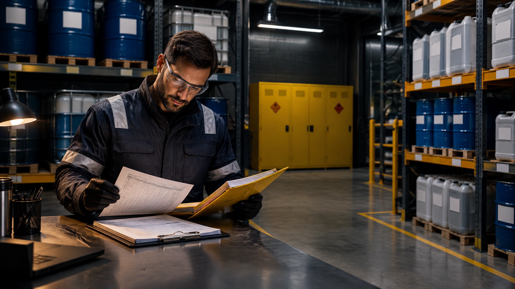 A site supervisor reviews a chemical inventory and safety data sheets beside organized storage zones as part of dangerous goods storage planning