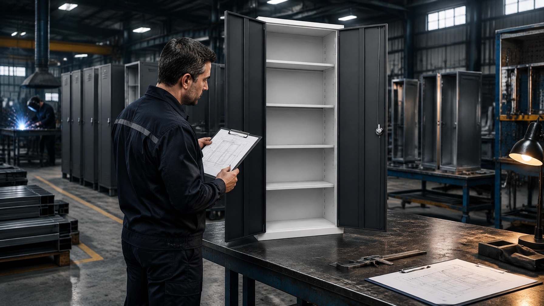 An importer checks a pre-shipment inspection against a locker factory drawing before approving export production