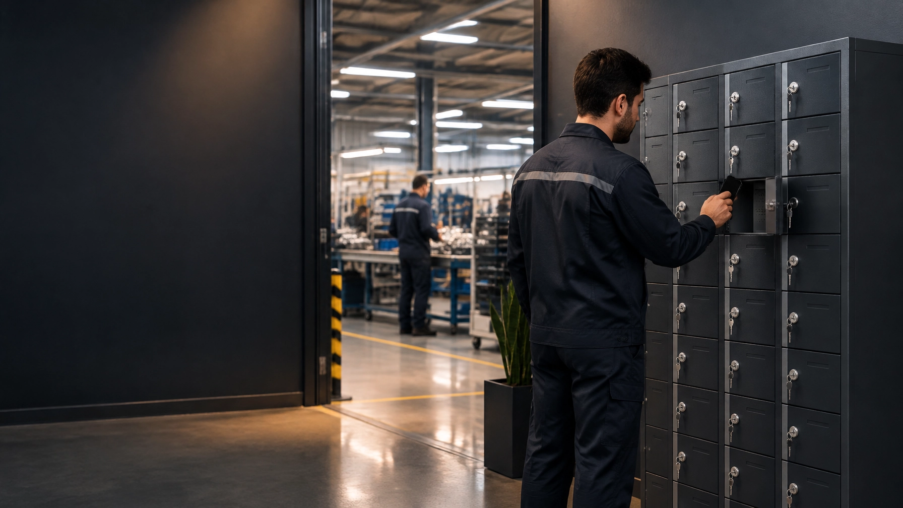 A factory employee stores a personal phone before entering a device-restricted production area, supporting a clear workplace procedure.
