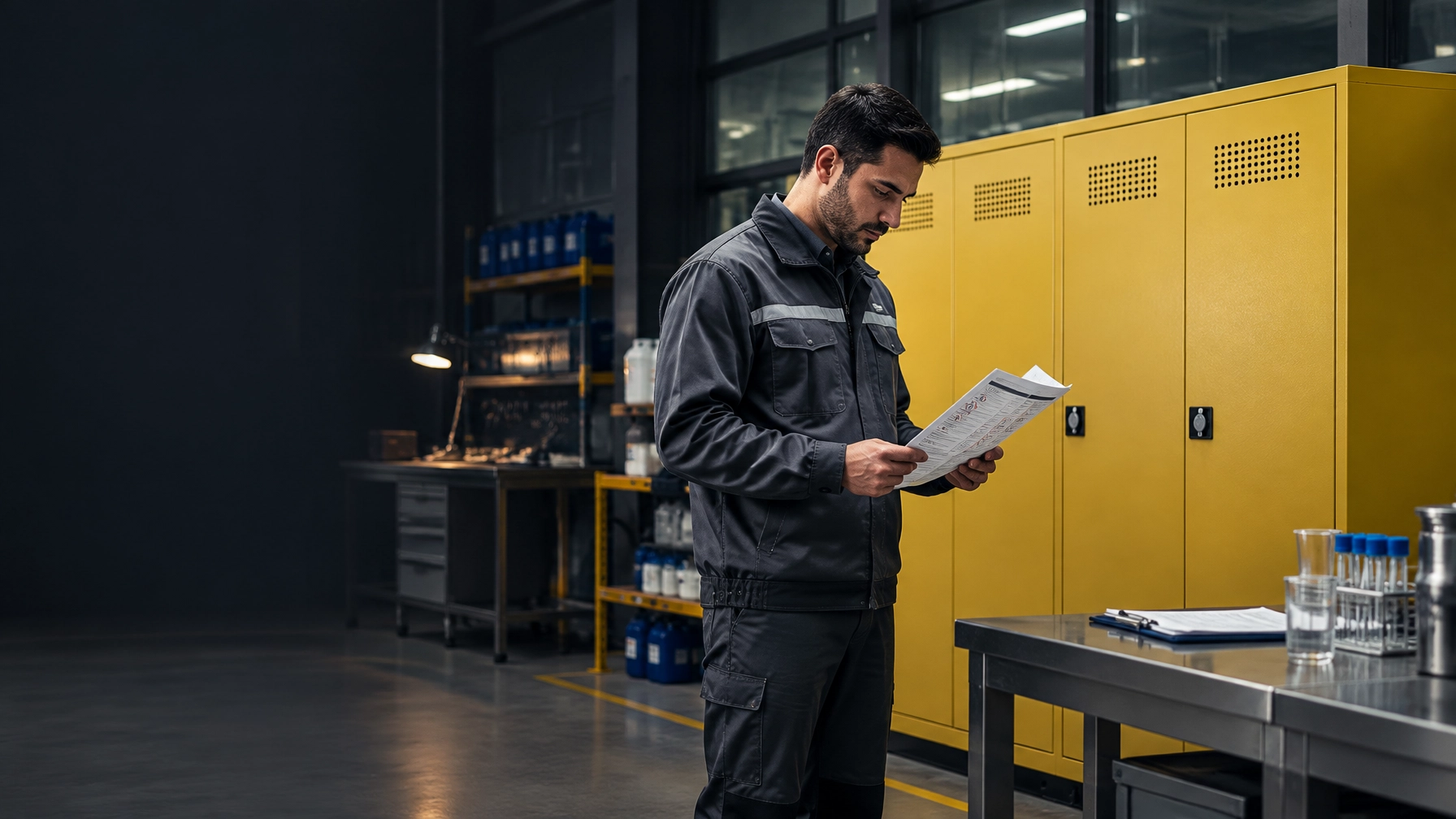 A factory technician reviews an SDS beside chemical storage cabinets before selecting safe storage for workplace chemicals