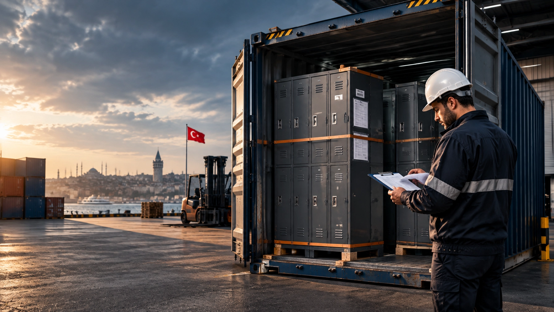 Metal lockers staged for export at an Istanbul factory loading bay, arranged under an EXW vs FOB for lockers shipping agreement