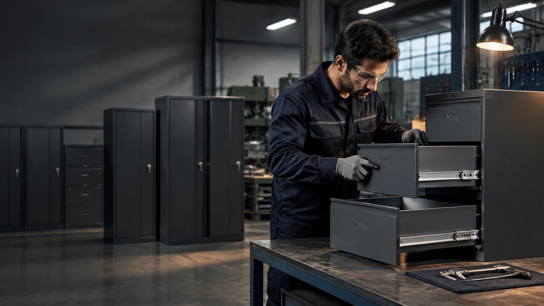 Technician checking a lateral file cabinet drawer during production for secure office document storage