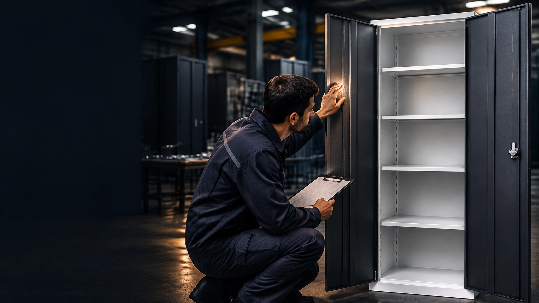 A quality technician checks a locker door and production records at an Istanbul metalworking facility while comparing details relevant to a locker warranty
