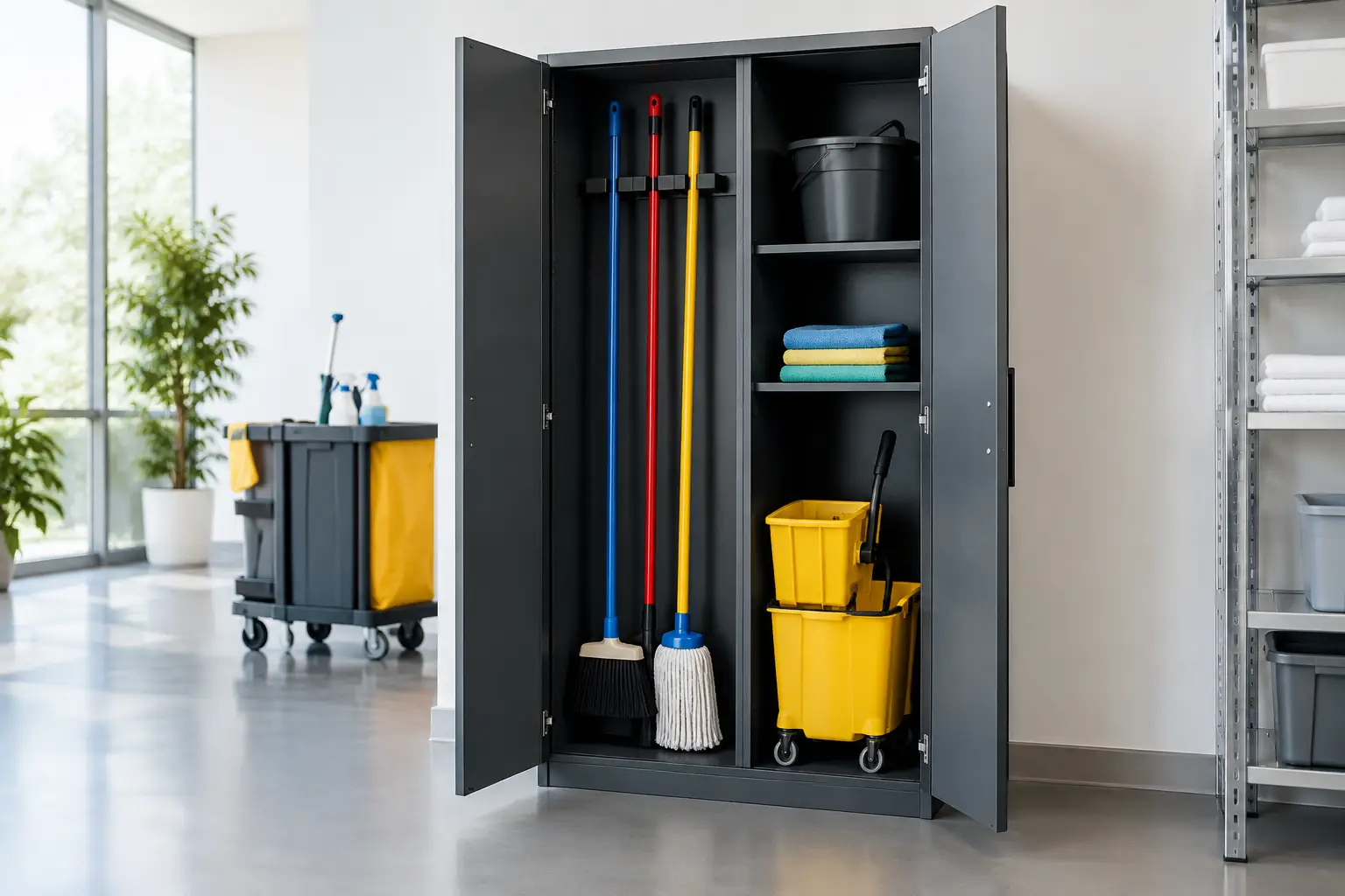 Mop and Broom Storage Cabinet for Busy Facilities