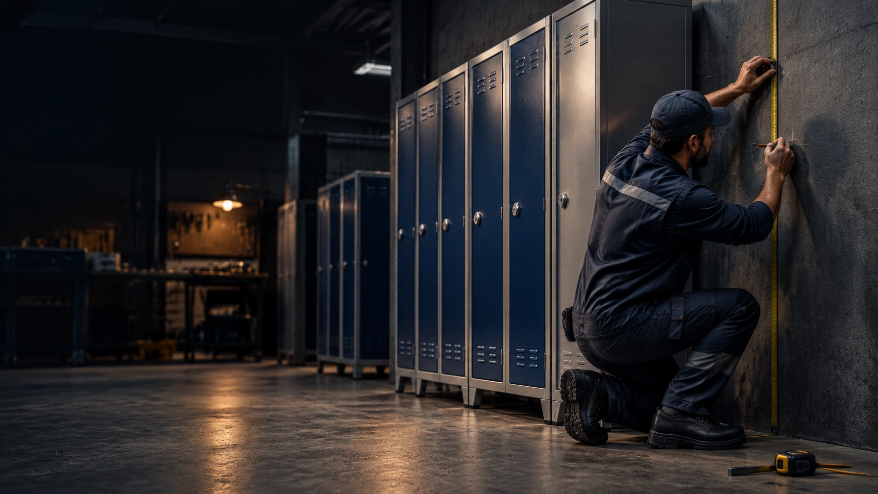 A Loxmet technician measures a narrow wall run beside slim lockers during workplace installation planning in the Istanbul factory