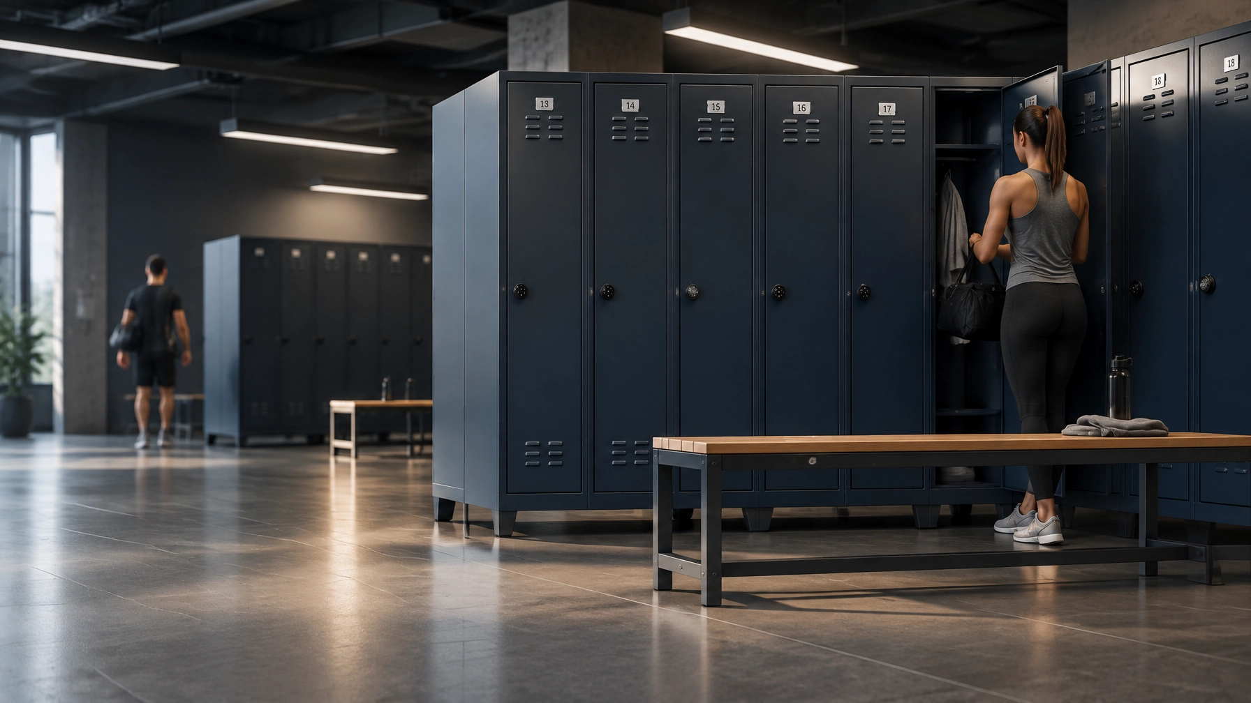 Members prepare for training in a high-traffic changing room with durable gym lockers designed for daily use