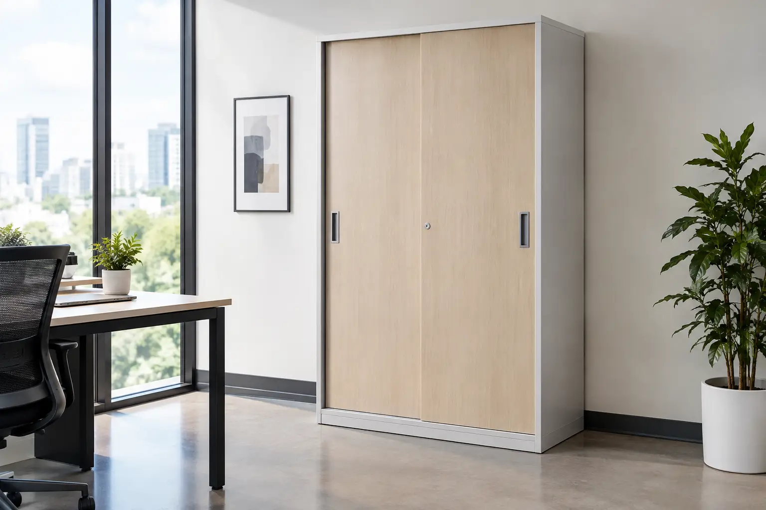 Tall Storage Cabinet With Sliding Doors for Workplaces