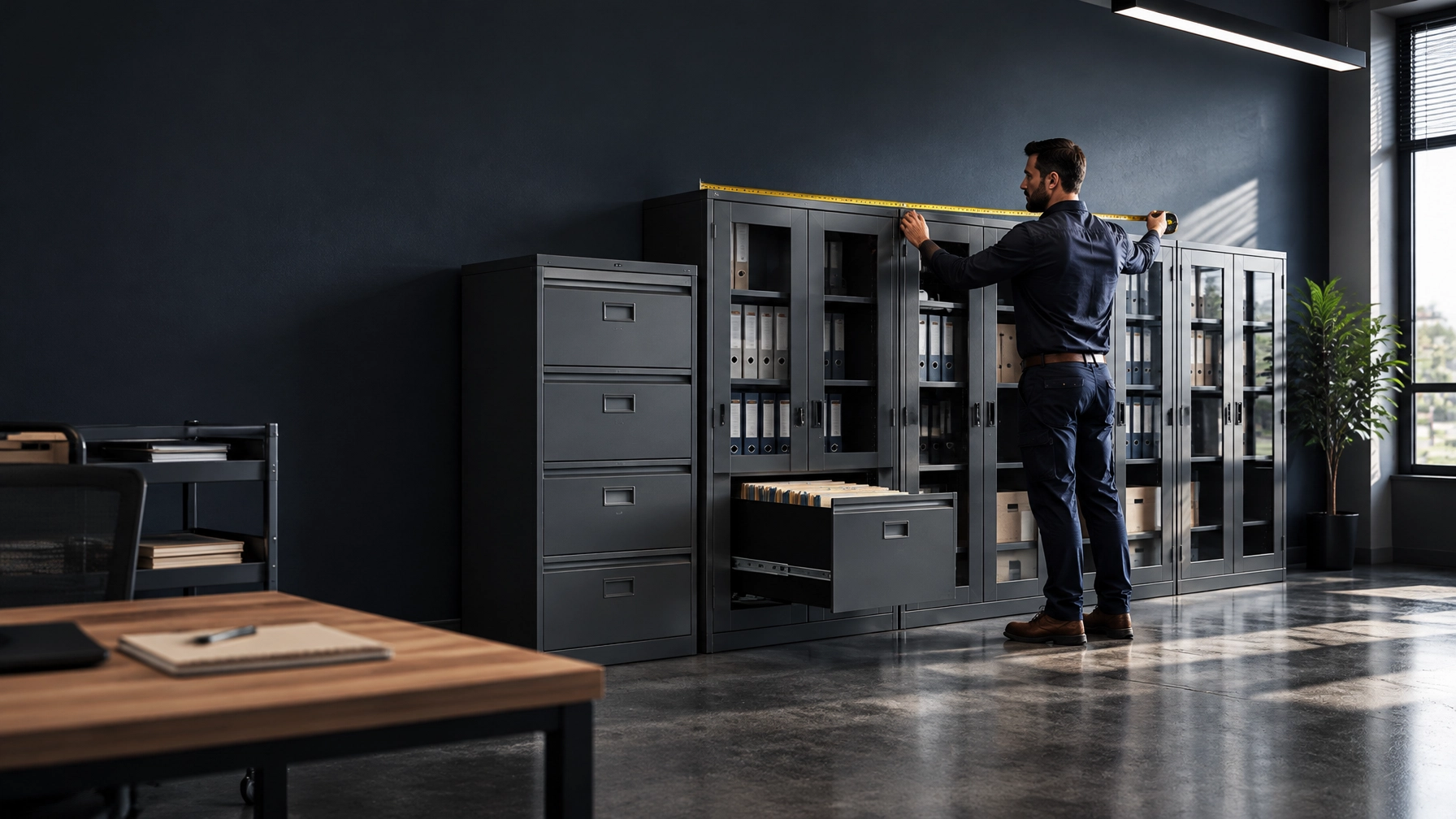 Filing cabinet sizing in action: a facility manager measures a records wall and checks drawer clearance before planning secure file storage
