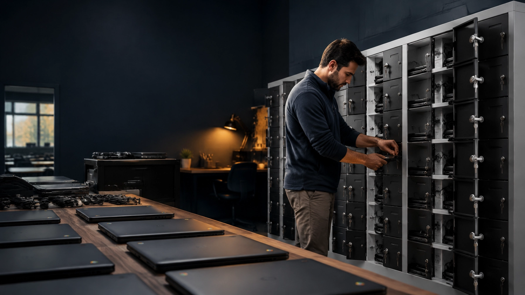 A school IT coordinator prepares a Chromebook charging cabinet fleet for classroom use between lessons.